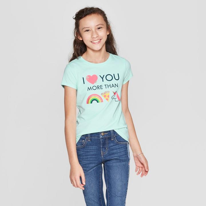 Girls' Short Sleeve Emojis Graphic T-shirt - Cat & Jack Bleached Aqua