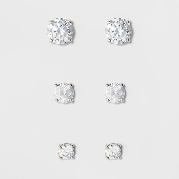 Target Sterling Silver Three Pair Round Basket 4mm, 5mm, 6.5 Cubic Zirconia Stud Post Earring Set -