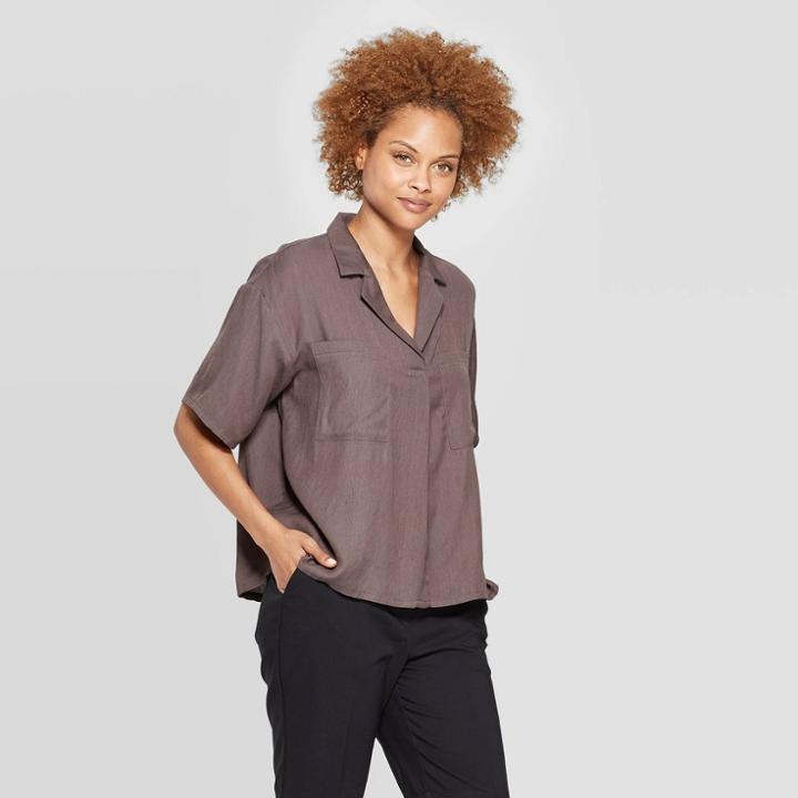Women's Short Sleeve Collared V-neck Tuck Front Camp Shirt - Prologue Gray