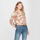 Women's Floral Print Long Sleeve Chiffon Blouse - A New Day Cream