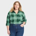 Women's Plus Size Long Sleeve Button-down Flannel Tunic Top - Ava & Viv Green Plaid