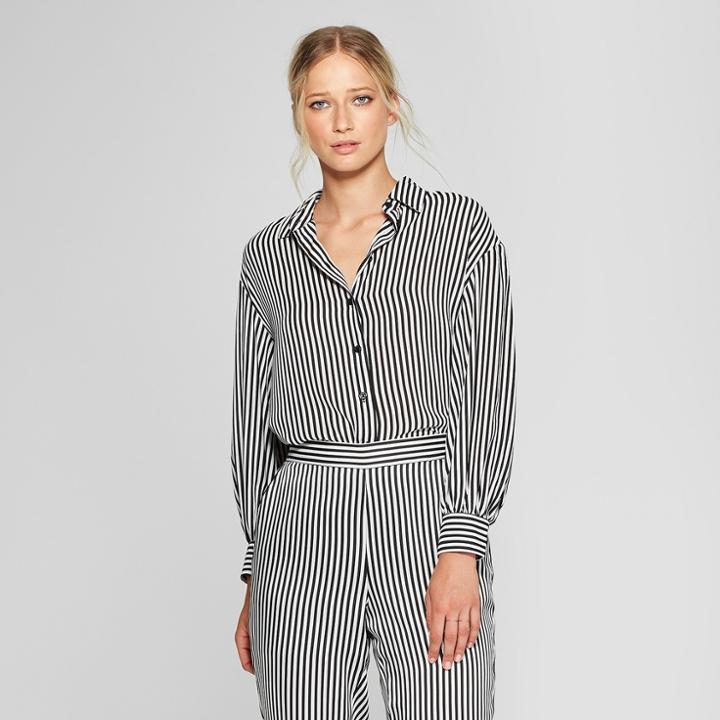 Women's Striped Long Puff Sleeve Button-up Shirt - Who What Wear Black/white Xxl, Black/white