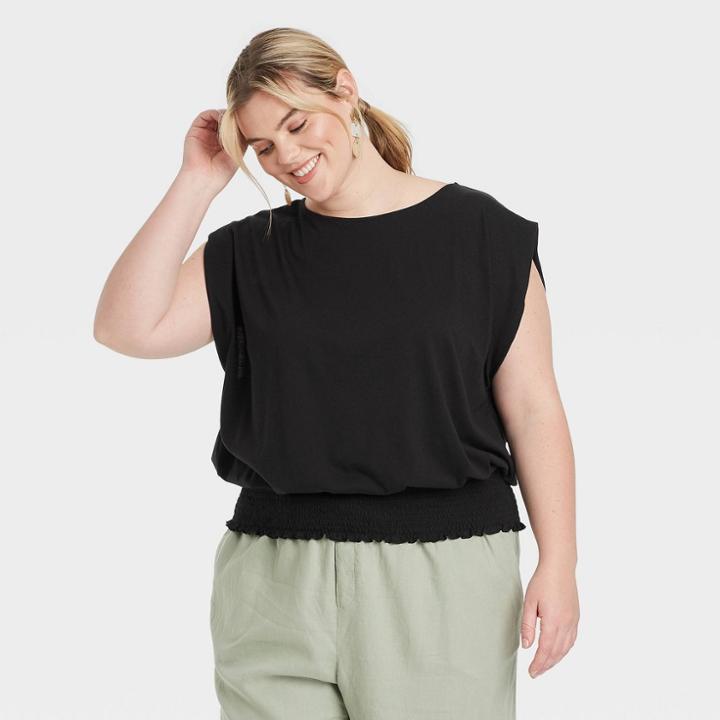 Women's Plus Size Short Sleeve Boat Neck Smocked Hem T-shirt - A New Day Black