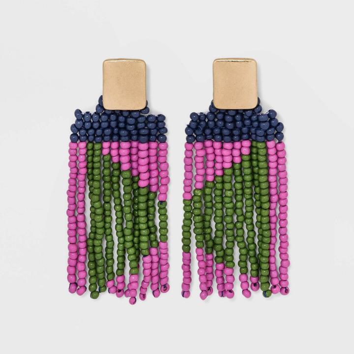 Thread Seed Bead Long Linear Earrings - Universal Thread Green