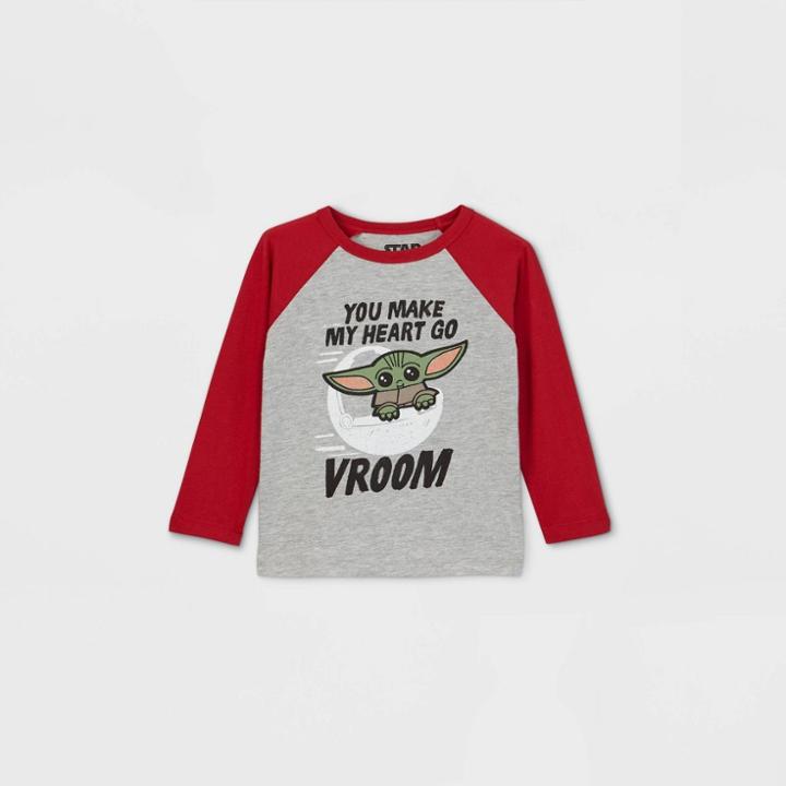 Toddler Boys' Star Wars Baby Yoda 'vroom' Valentine's Day Raglan Long Sleeve Graphic T-shirt - Red