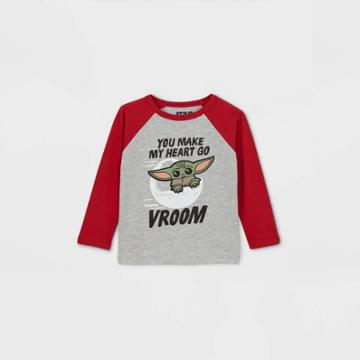 Toddler Boys' Star Wars Baby Yoda 'vroom' Valentine's Day Raglan Long Sleeve Graphic T-shirt - Red