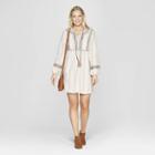 Women's Striped Long Sleeve V-neck Shift Midi Dress With Embroidery - Knox Rose Ivory