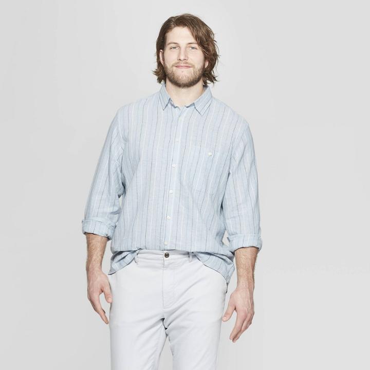 Men's Tall Striped Long Sleeve Linen Cotton Button-down Shirt - Goodfellow & Co Horizon Blue