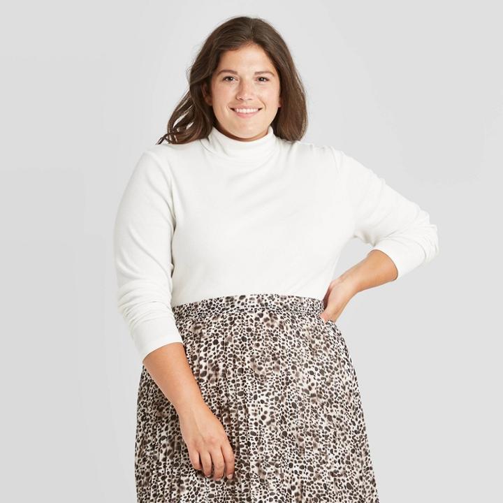 Women's Plus Size Long Sleeve Turtleneck T-shirt - A New Day Cream