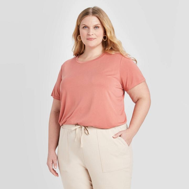Women's Plus Size Short Sleeve Scoop Neck Sandwash T-shirt - Ava & Viv Red X, Women's