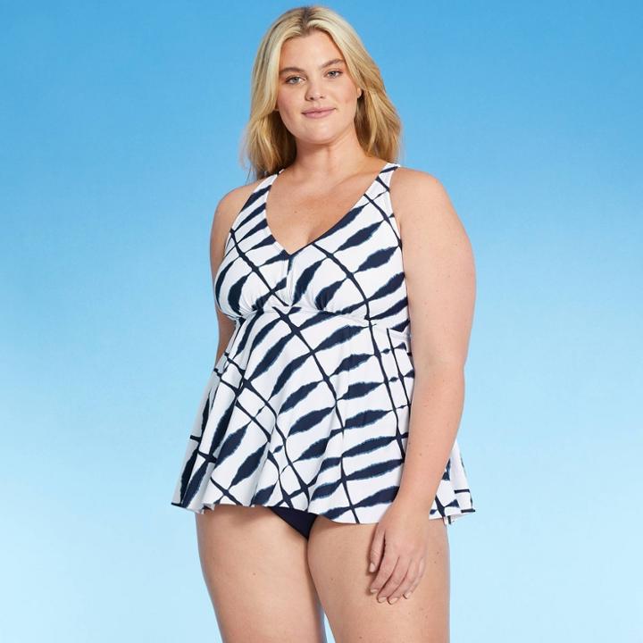 Women's Plus Size Flowy Racerback Tankini Top - Kona Sol Blue Shibori Print X