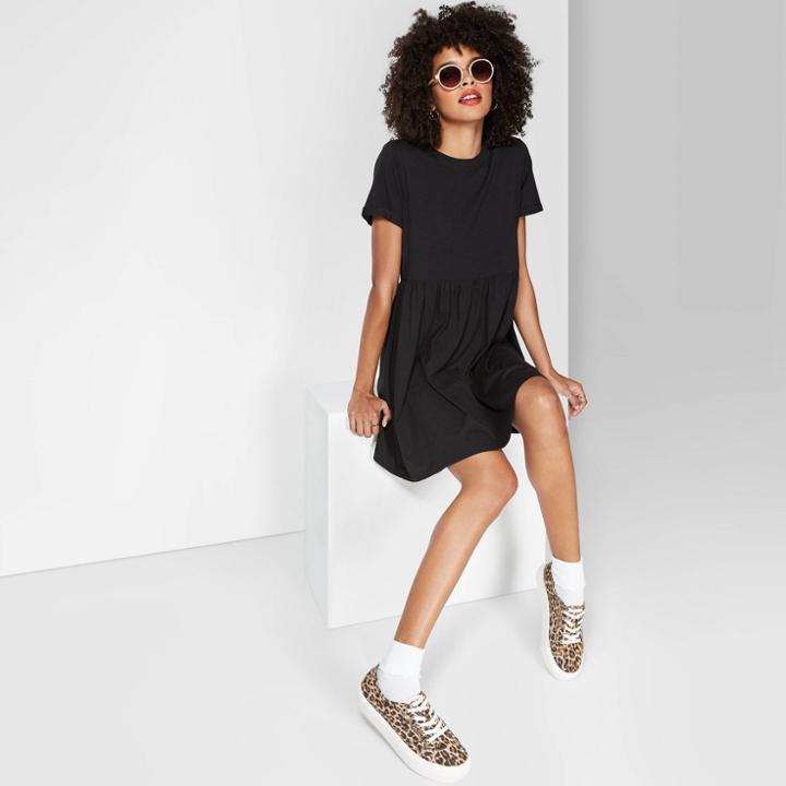 Petitewomen's Short Sleeve Round Neck Knit Babydoll Mini Dress - Wild Fable Black