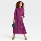 Women's Floral Print High Neck Long Sleeve Tiered Dress - A New Day Purple