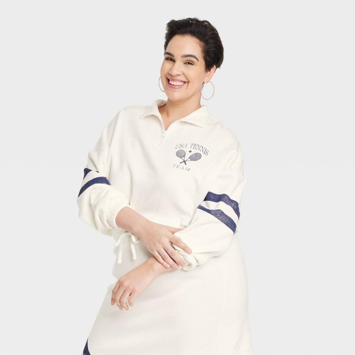 Grayson Threads Women's Plus Size Usa Tennis Polo Quarter Zip Graphic Sweatshirt - White