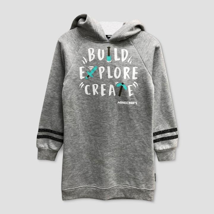 Girls' Minecraft 'build Explore Create' Hooded Sweater Dress - Gray