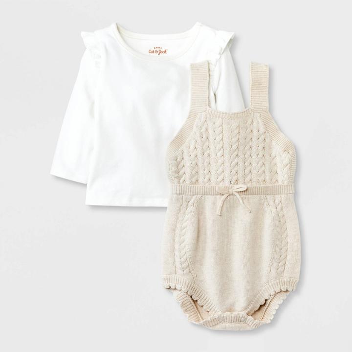 Baby Girls' Cable Sweater Romper Bodysuit Set - Cat & Jack Oatmeal Newborn, White