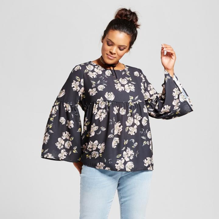 Women's Plus Size Floral Bell Sleeve Blouse - Grayson Threads (juniors') Black Floral