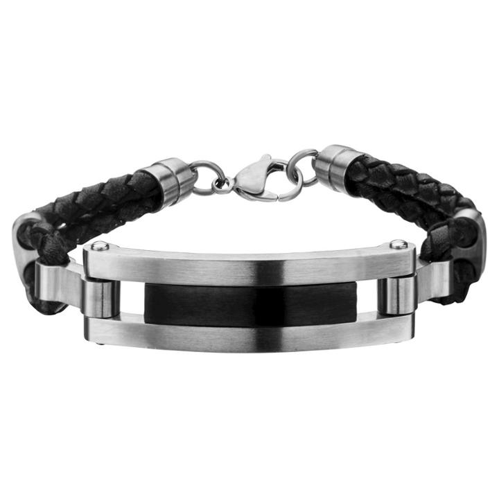 Inox Jewelry Men's Steel Art Stainless Steel And Black Ip With Black Leather Bracelet