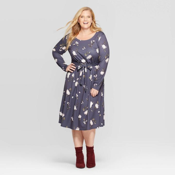 Women's Plus Size Floral Print Long Sleeve Crewneck Midi Dress - Ava & Viv Blue X, Women's