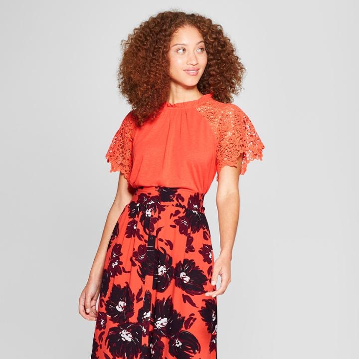 Women's Short Sleeve Crochet Swing Shirt - A New Day Red