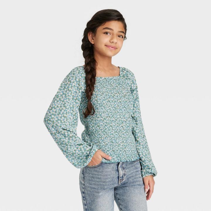 Girls' Smocked Bodice Long Sleeve Top - Art Class Teal Floral Xs, Blue Floral