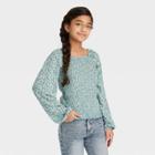 Girls' Smocked Bodice Long Sleeve Top - Art Class Teal Floral Xs, Blue Floral