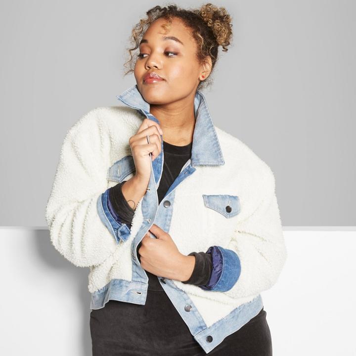 Women's Plus Size Solid Sherpa Faux Fur Jacket With Denim - Wild Fable Natural