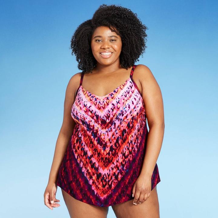 Women's Plus Size Cowl Neck Tankini Top - Aqua Green Multi Warms