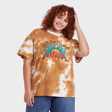 Fifth Sun Women's Plus Size Happiest Camper Short Sleeve Graphic T-shirt - Brown Tie-dye