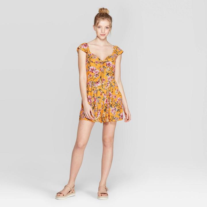 Women's Floral Print Flutter Cap Sleeve Tie Front Tie Back Romper - Xhilaration Mustard (yellow)