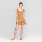 Women's Floral Print Flutter Cap Sleeve Tie Front Tie Back Romper - Xhilaration Mustard (yellow)