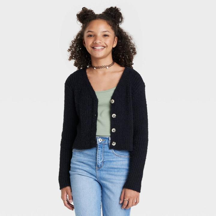 Girls' Boxy Cropped Fuzzy Cardigan - Art Class Black