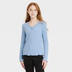 Girls' Cinch Front Lettuce Edge Long Sleeve T-shirt - Art Class Blue