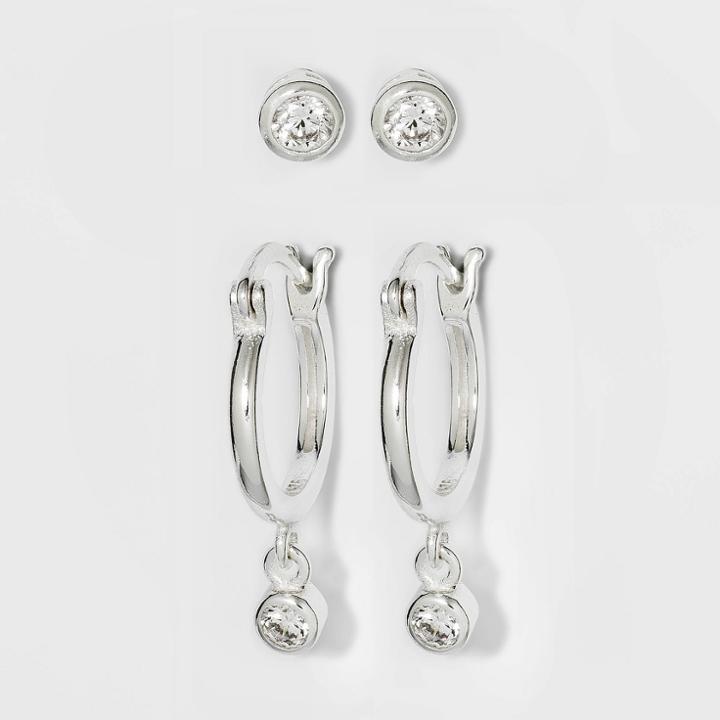Sterling Silver Cubic Zirconia Hoop Earring Set 2pc - A New Day