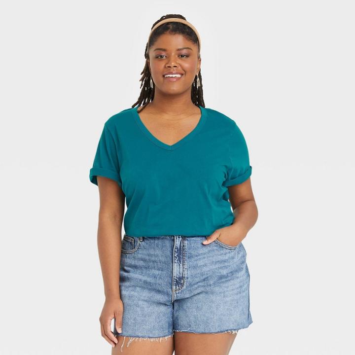 Women's Plus Size Short Sleeve Relaxed Fit V-neck T-shirt - Universal Thread Teal Blue