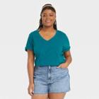 Women's Plus Size Short Sleeve Relaxed Fit V-neck T-shirt - Universal Thread Teal Blue