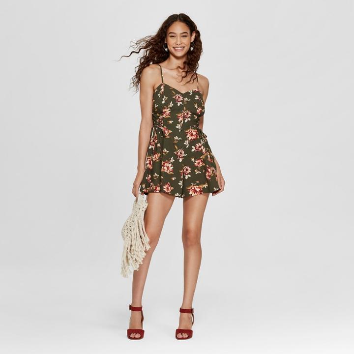 Women's Floral Print Strappy Lace-up Side Button Front Romper - Xhilaration Olive