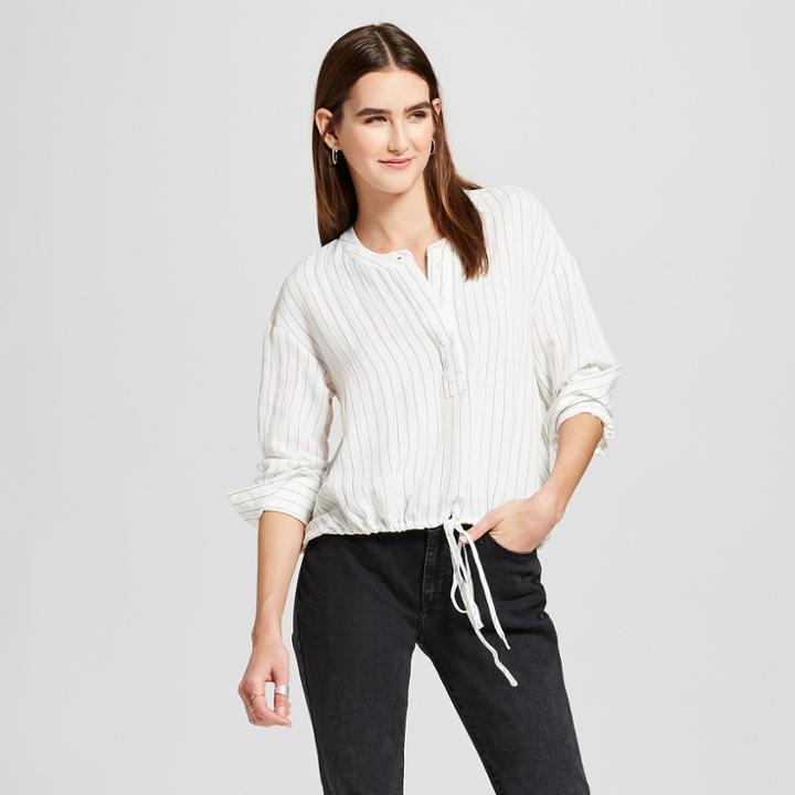 Women's Striped Long Sleeve Poplin Blouse With Drawstring Waist - Mossimo White