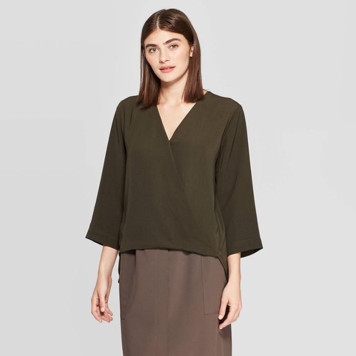 Women's 3/4 Sleeve V-neck Wrap Front Woven Button-down Shirt - Prologue Olive M, Size: