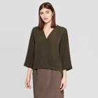 Women's 3/4 Sleeve V-neck Wrap Front Woven Button-down Shirt - Prologue Olive M, Size: