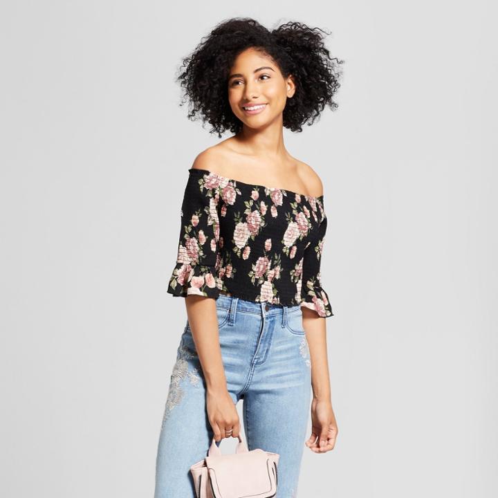 Women's 3/4 Sleeve Floral Printed Smocked Off The Shoulder Cropped Top - Xhilaration Black