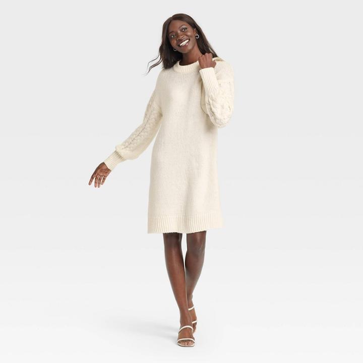 Women's Long Sleeve Cable Knit Sweater Dress - A New Day Cream