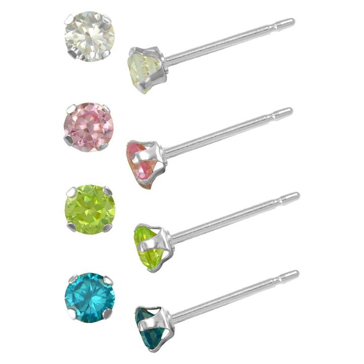 Target Girls' Sterling Silver 4 Pr Cubic Zirconia Stud Earring Set-blue/green/clear/pink-3mm