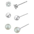 Target Girls' Sterling Silver 3 Pr-ball/cubic Zirconia/pearl Stud Earring Set-clear/white-4mm