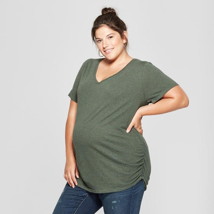 Maternity Plus Size Short Sleeve Shirred V-neck T-shirt - Isabel Maternity By Ingrid & Isabel Green Heather