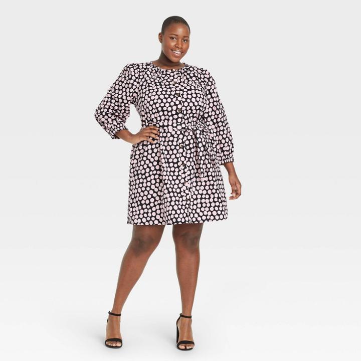 Women's Plus Size Puff 3/4 Sleeve Shirtdress - Who What Wear Pink Polka Dot