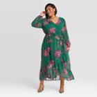 Women's Plus Size Floral Print Long Sleeve Wrap Dress - Ava & Viv Green