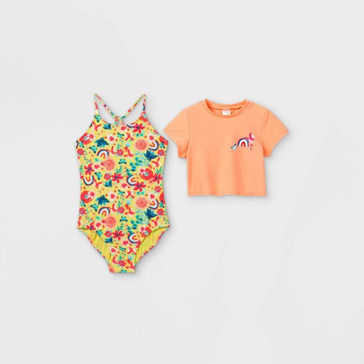 Girls' Floral Rainbow Print Short Sleeve One Piece Swimsuit Set - Cat & Jack Coral