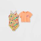 Girls' Floral Rainbow Print Short Sleeve One Piece Swimsuit Set - Cat & Jack Coral