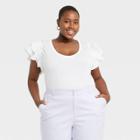 Women's Plus Size Ruffle Short Sleeve Scoop Neck Mixed Media T-shirt - A New Day White